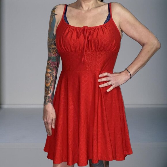 Sz.1X*SHEIN*NWOT*Red Eyelet Tank Mini Dress--Full Skirt - Picture 1 of 12